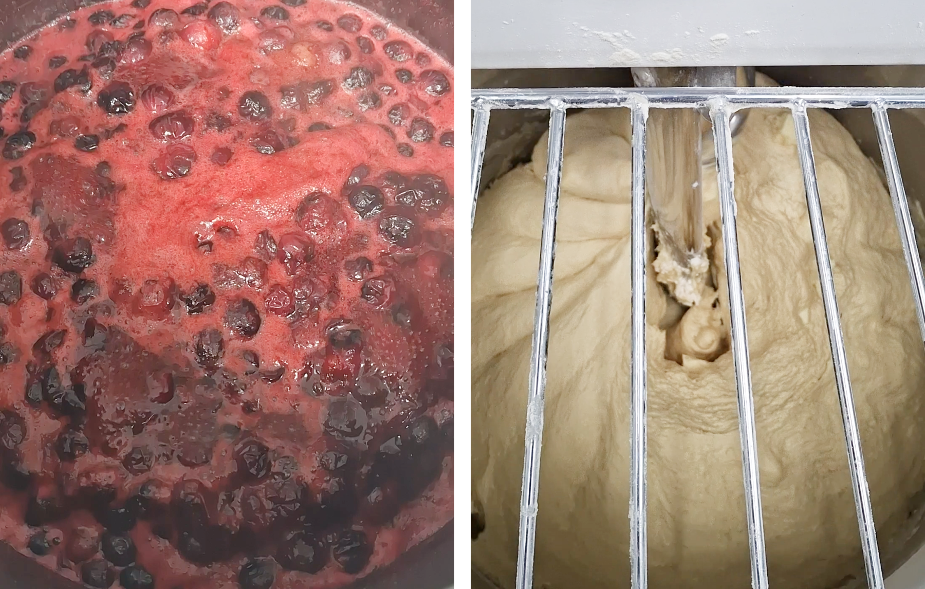 Blueberry filling and brioche dough being mixed