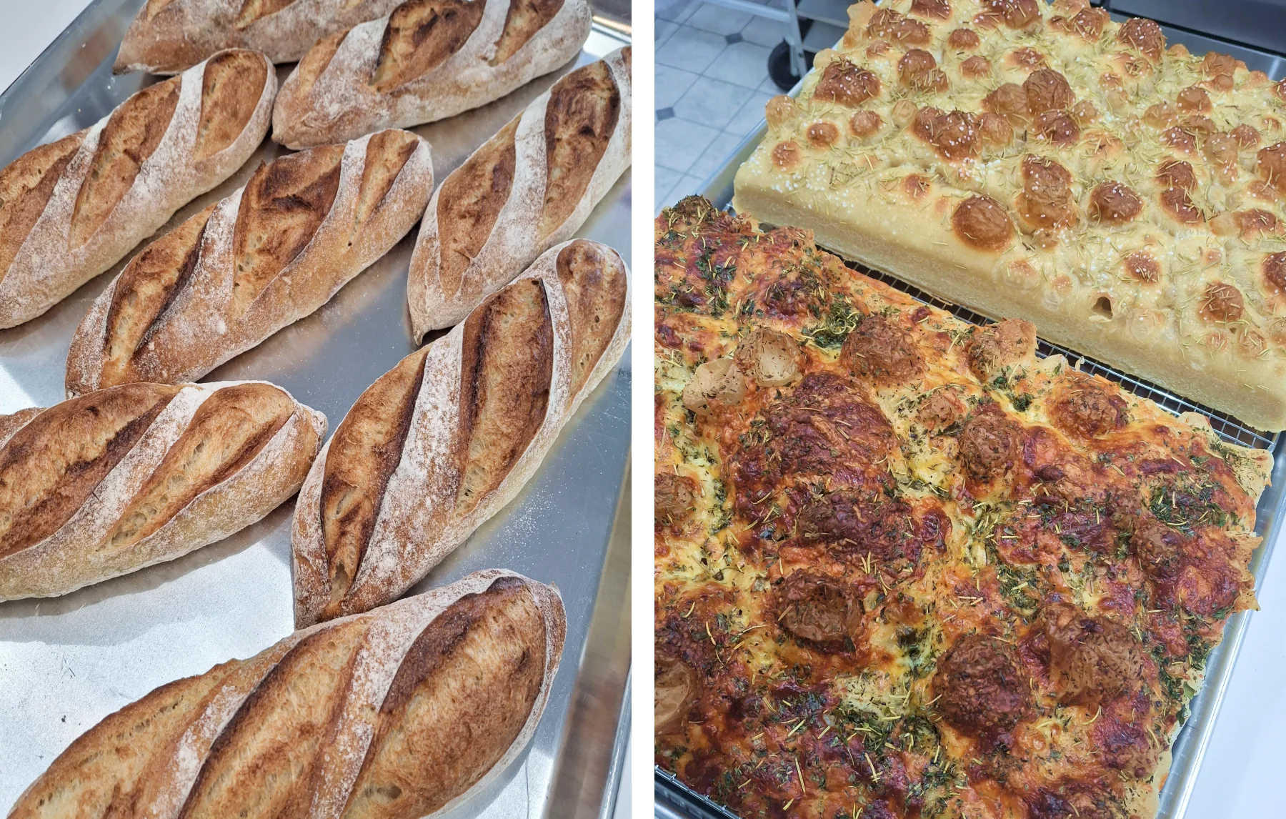 Sourdough baguettes, cheese focaccia and rosemary focaccia
