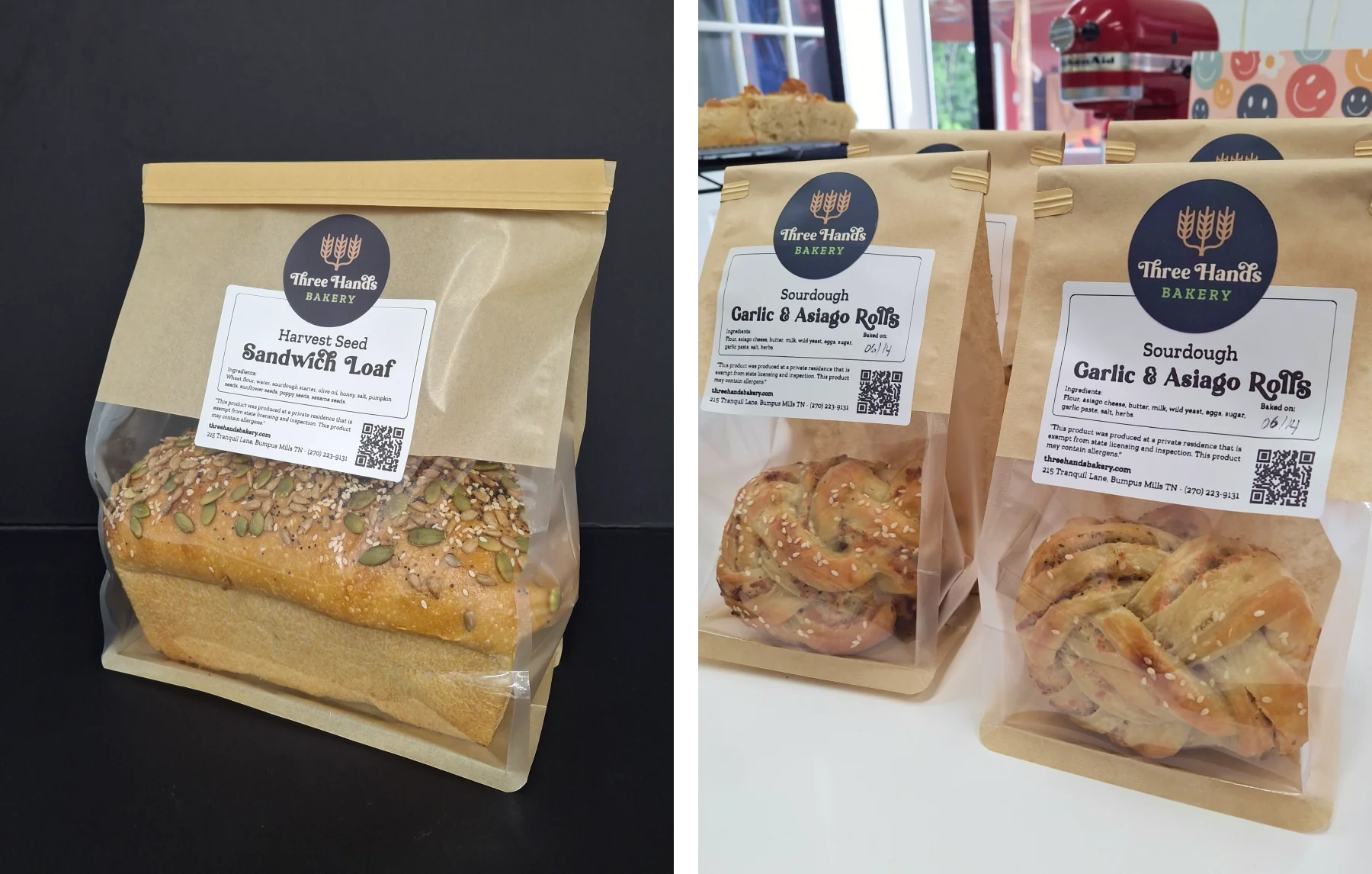 Packaged seeded sourdough sandwich loaf and galic and asiago brioche rolls
