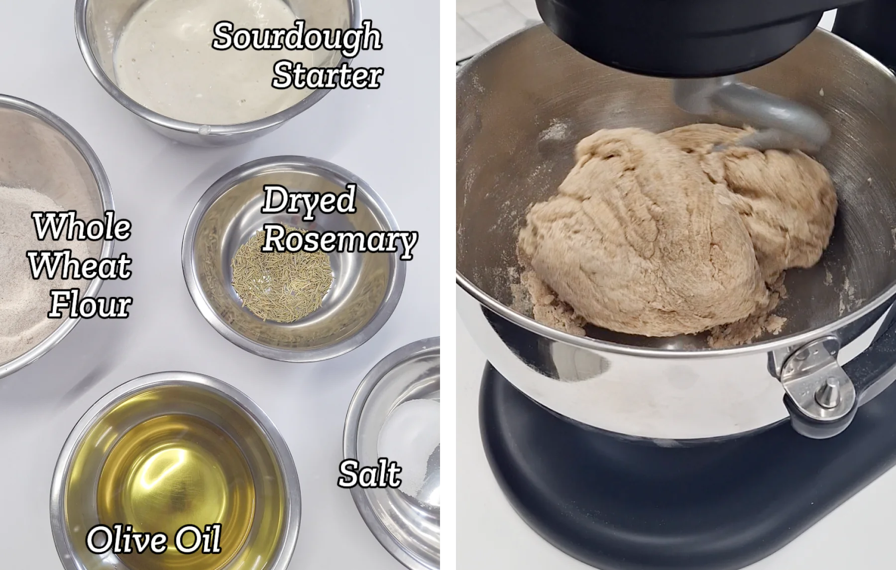 Sourdough crackers ingredients and mixer kneading the dough