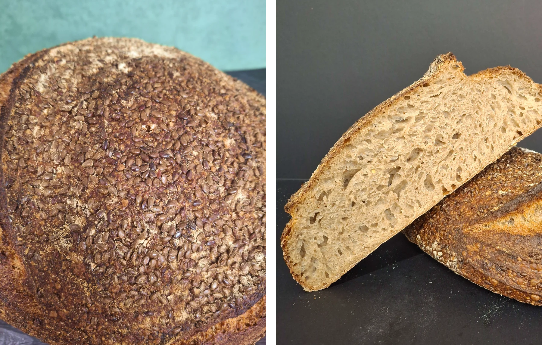 Sourdough multigrain flaxseed crust topping and crumb