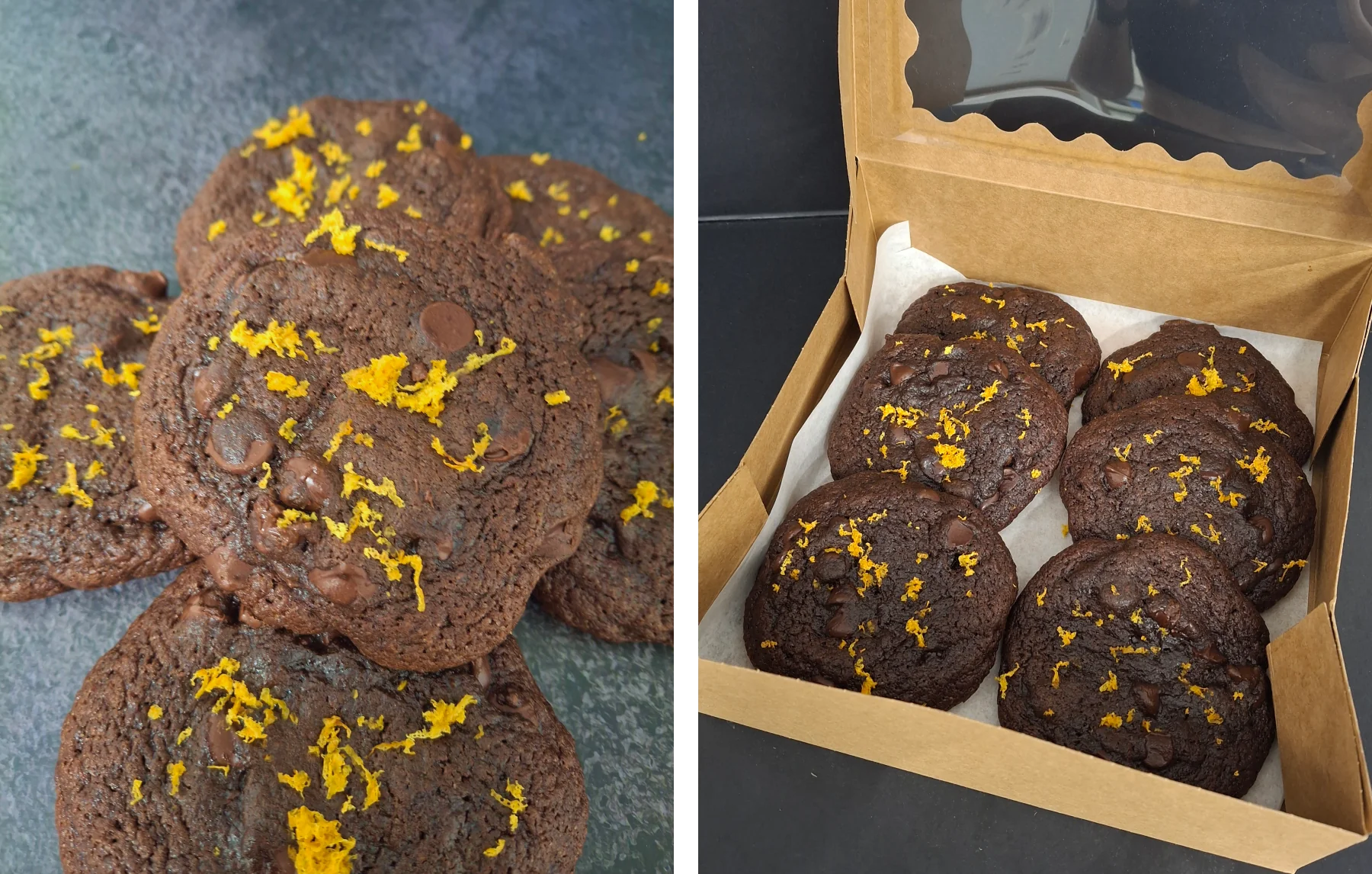 Double Chocolate Sourdough Cookies arranged in a stack and in a box