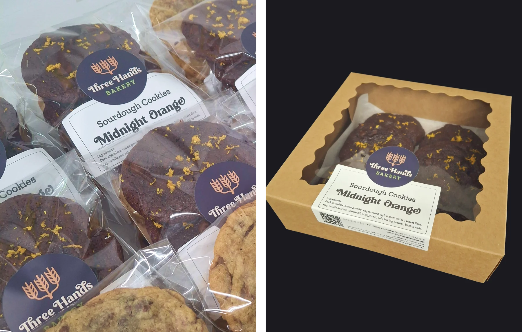 Double Chocolate Sourdough Cookies in packages of 3 and in a half dozen box