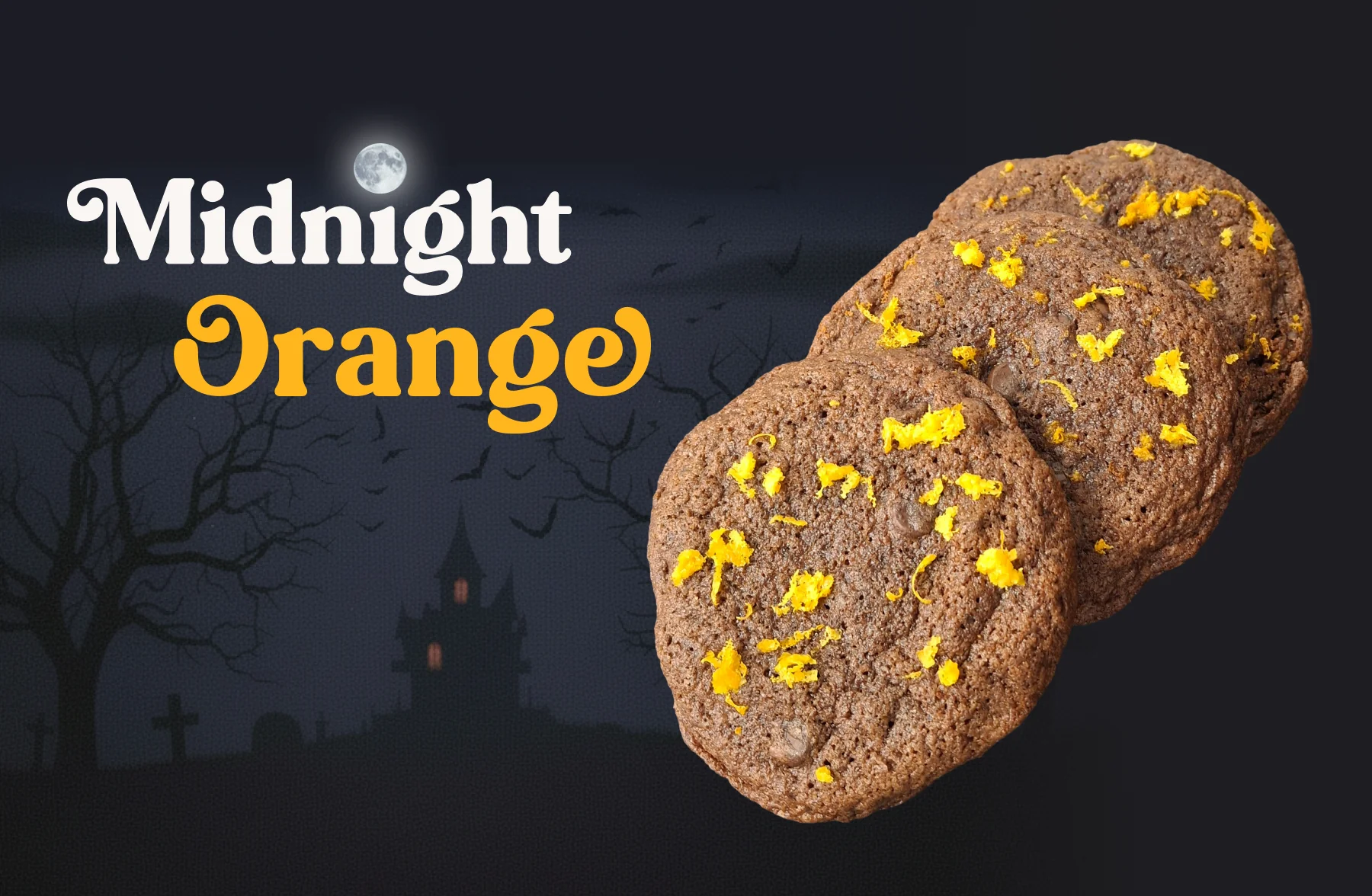 Three Hands Bakery Midnight Orange Sourdough Cookies topped with fresh orange zest